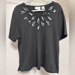 Alfred Dunner Black Short Sleeve Top with Leaf Appliqué Neckline